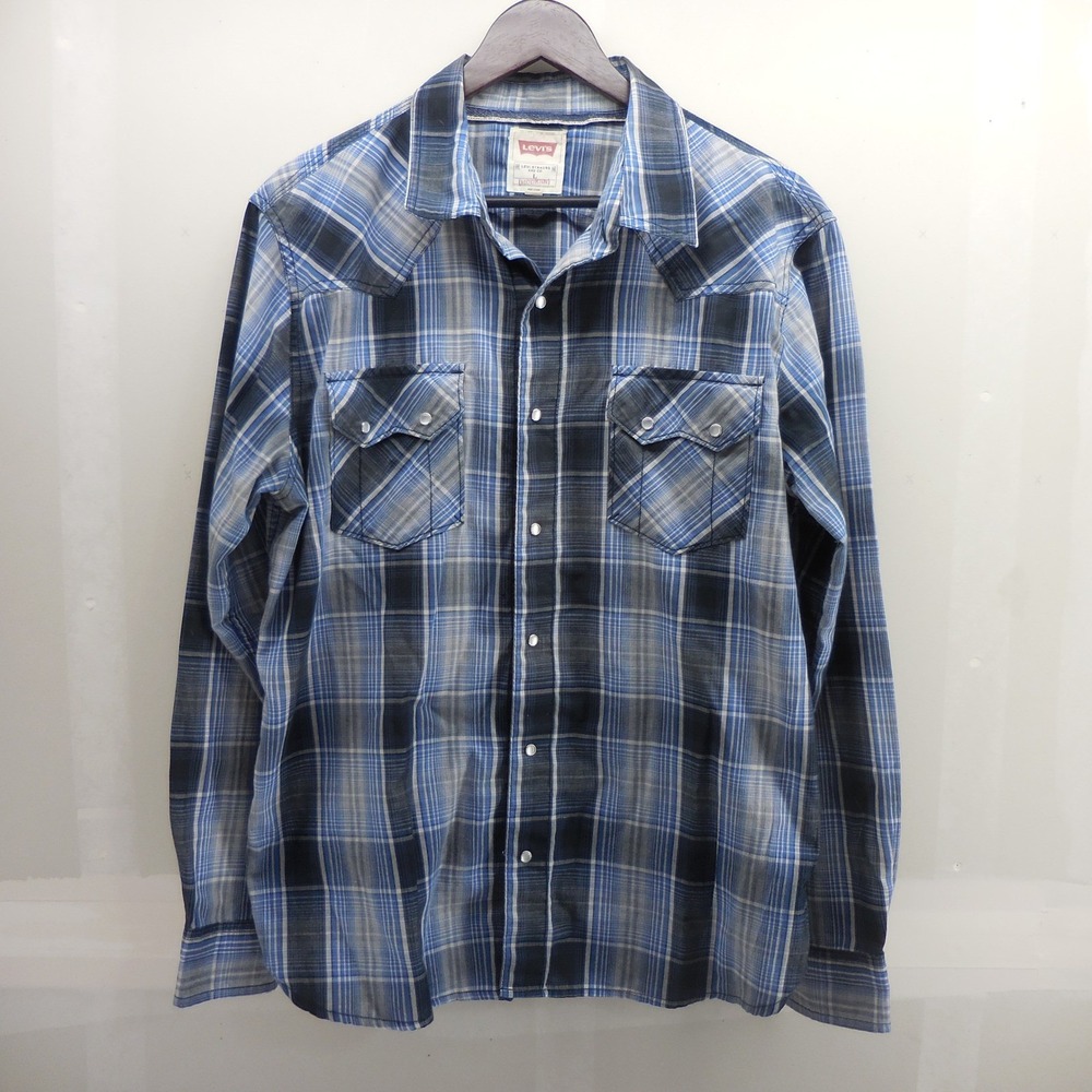 Levis Mens Blue Grey Plaid Modern Western Pearl Snap Long Sleeve Shirt Large